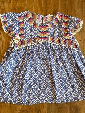 Women’s Blue Patterned Pom-Trim Top